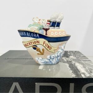 FITZ AND FLOYD |  USS Aloha Ceramic Ship Bank - Blue, White, Gold Bank